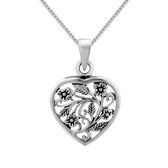 Zilveren ketting dames | Zilveren ketting met hanger, opengewerkt hart met bloemen en blaadjes