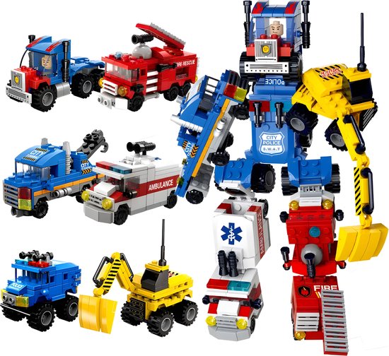 QuchiQ™ Robot speelgoed bouwpakket - STEM speelgoed - Bouwsets - Robot auto Speelgoed - Politie - Brandweerauto - Speelfiguren sets - 482 bouwstenen