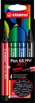 STABILO Pen 68 MAX - ARTY - Stylo feutre Premium à pointe biseautée épaisse - Coffret de 4 pièces - Avec 4 couleurs différentes