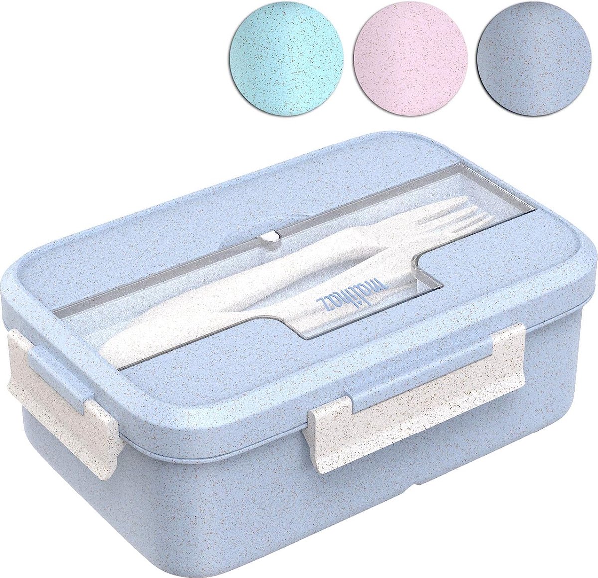 Broodtrommel incl. bestek, lunchbox van biologisch gebaseerde tarwestro, vaatwasmachinebestendige bentobox met drie vakken (blauw)