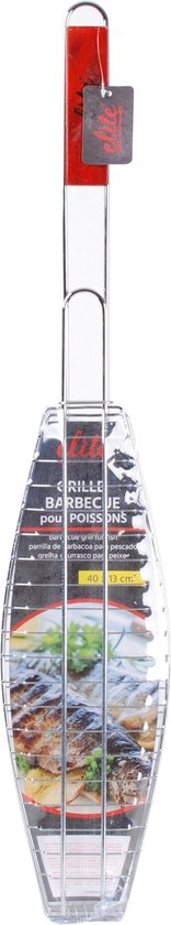 Visgrillmand met rode handgreep, 'elite' opdruk. Grill 40 x 13 cm.