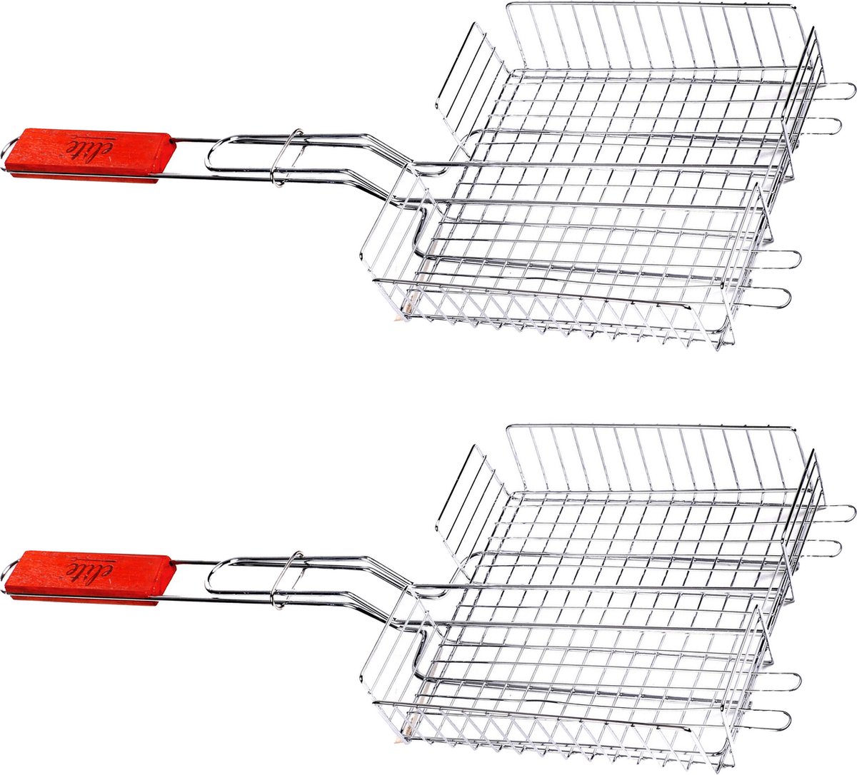 BBQ/barbecue rooster - 2x - grill mand - metaal/hout - 22 x 58 x 5 cm - vlees/vis/groente - braadrooster