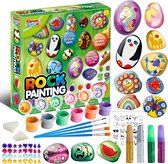 JOYIN 12 pieces stone painting set for children with 18 colours (standard and metallic colours, stickers, glitter glue), art supplies for children, family activity, birthdays, crafts for children