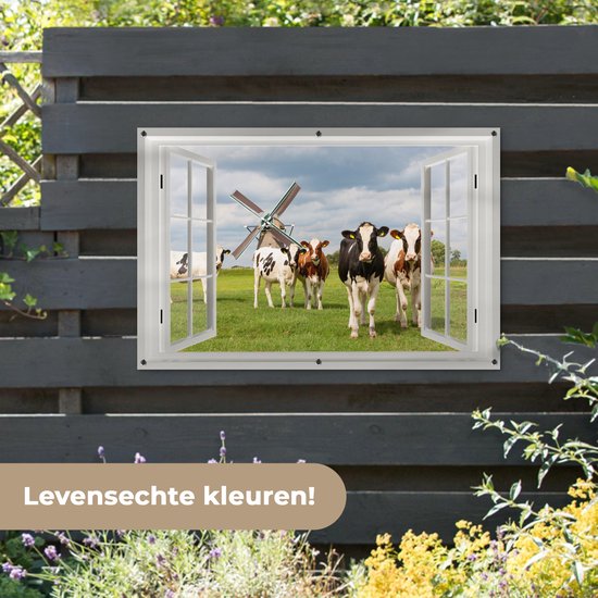 Tuin poster - Tuin decoratie - Koe - Doorkijk - Molen - Natuur - Tuinversiering - Terras - Tuindecoratie wanddecoratie - Muurdecoratie buiten - 120x80 cm - Buitenschilderijen voor in de tuin - Decoratie tuin om op te hangen