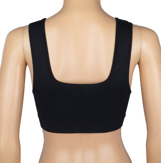 Zwarte, naadloze sportbeha met vierkante hals aan de achterkant op een mannequin.
