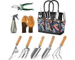 Tuingereedschap: 9-delige tuingereedschapset voor tuinieren met grote tuintas en tuinschaar, ideale tuincadeaus voor dames/mannen, cadeaus voor mama, zwart-oranje