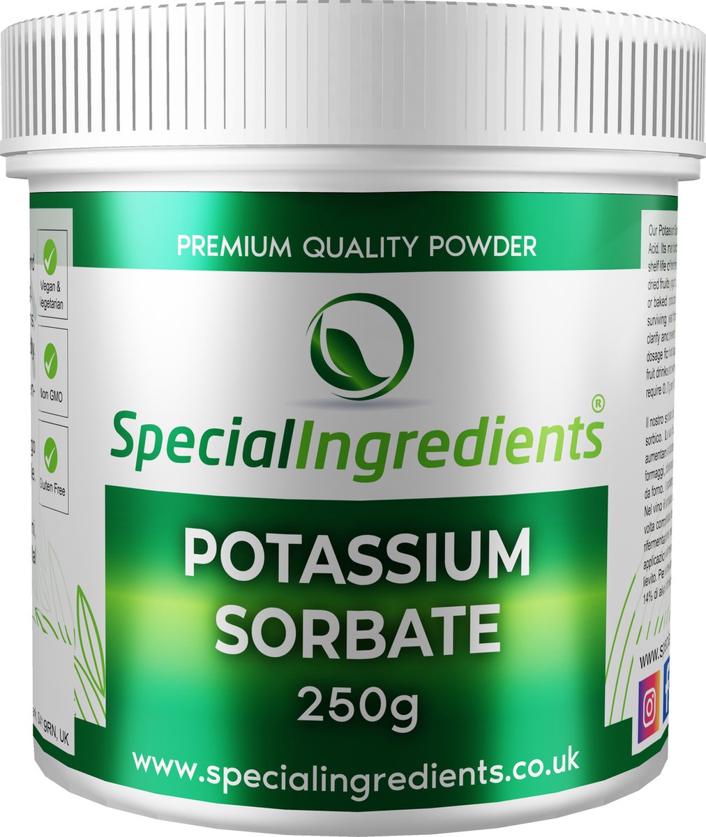 Kaliumsorbaat - 250 g - Kalium Sorbaat - Potassium Sorbate - E202 - Conserveermiddel & Schimmelremmer - Verlengt Houdbaarheid - Voorkomt Schimmelvorming - Neutrale Smaak - Moderne Gastronomie - Moleculair Koken - Hersluitbare Pot - Recycled Plastic