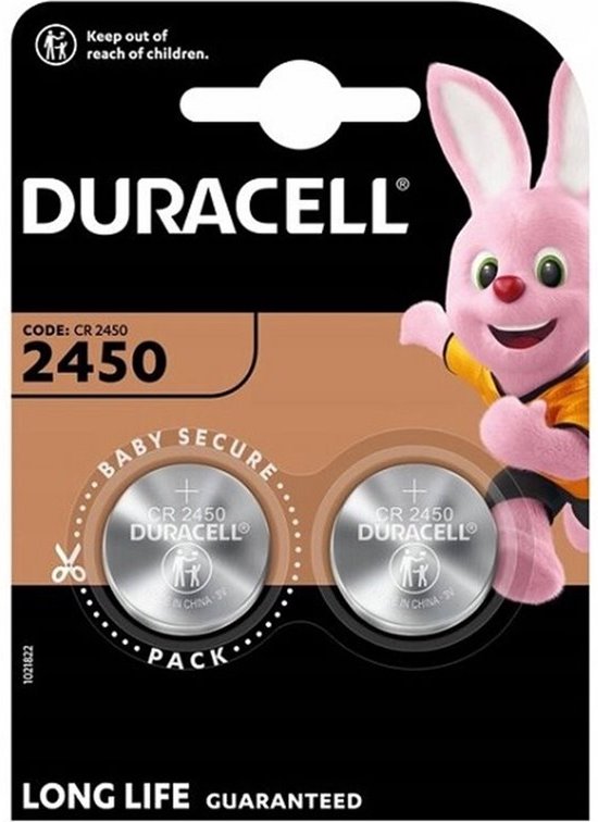 Emballage de piles Duracell CR2450 avec un lapin rose. Emballage Baby Secure.