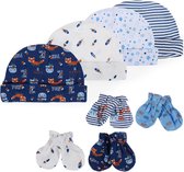 Mitaines Bébé nouveau-né - 4 ensembles - 100% Katoen - Chapeaux - 4 paires de Gants Bébé Scratch Mittens - Mitaines Scratch - pour 0 à 6 mois - Blauw