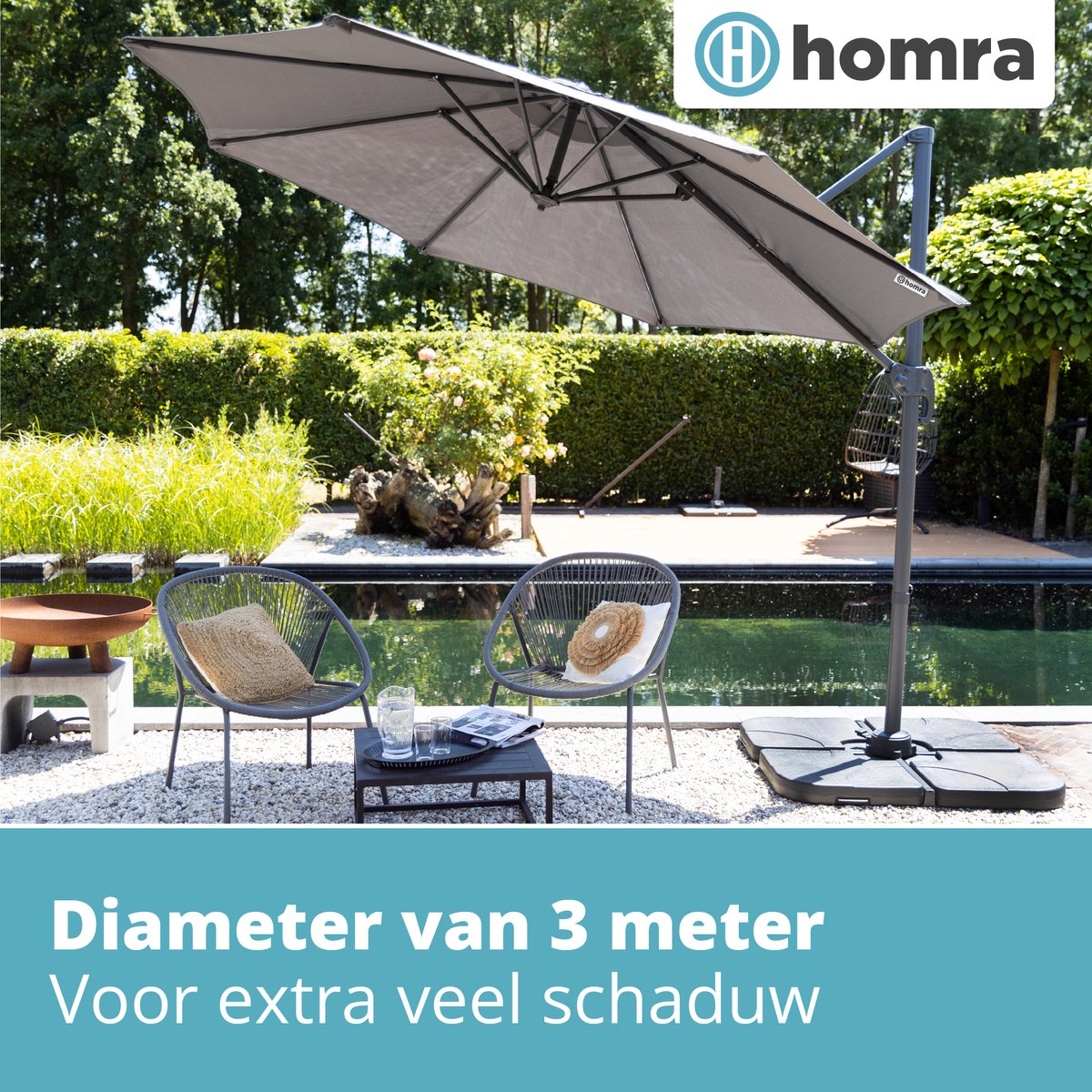 Homra Parasol met Voetpedaal - Stabiele Zweefparasol Luxe uitvoering - Ø300 cm - Draai- en Kantelbaar - Inclusief beschermhoes om makkelijk op te bergen en kruisvoet - Grijs – foto 8