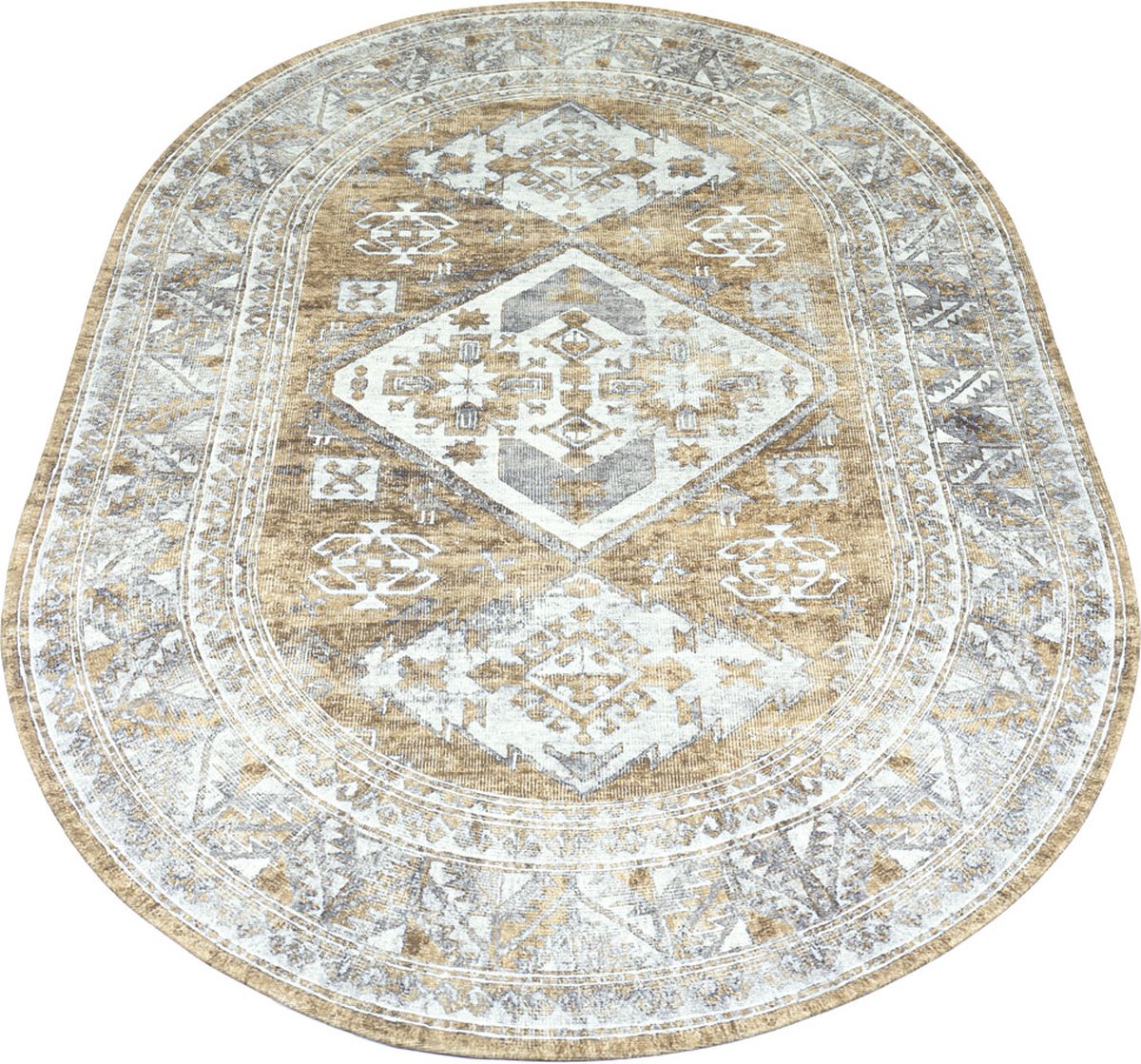 Veer Carpets Vloerkleed Laria Brown 5 - Ovaal 200 x 290 cm - Vintage Design Ovaal Vloerkleed met Medaillon Patroon Beige