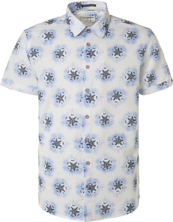 No Excess - Short Sleeve Overhemd Linnen Blauw Print - Heren - Regular-fit