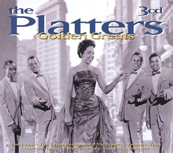 Albumhoes met de 3CD 'The Platters Golden Greats'. Zes zangers in pak, in het midden een vrouw in galajurk.