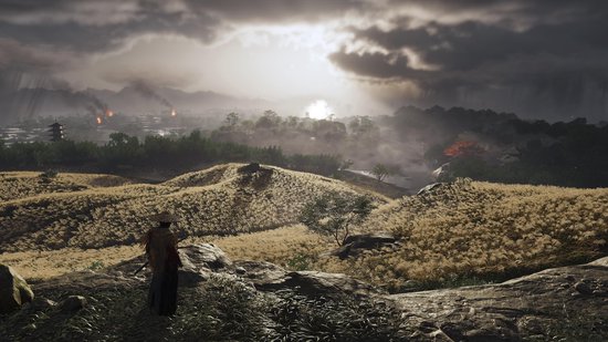 Een samurai met een rieten hoed staat op een heuvel en kijkt uit over een vallei met gouden gras en brandende dorpen op de achtergrond.