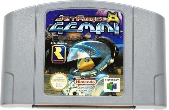 Nintendo 64 gamecartridge met 'Jet Force Gemini' logo en afbeelding van een buitenaards personage in een helm.