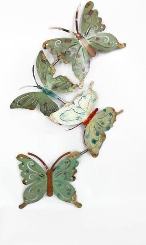 recorder schuifelen Beschuldiging Metalen wanddecoratie met groene blauw turkoois vlinders - 68 x 28 cm |  bol.com