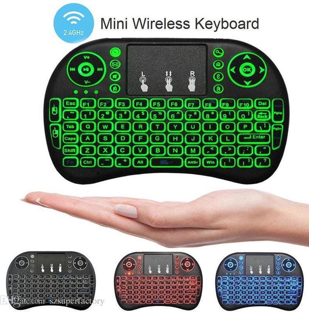 Mini i8 keyboard met backlight (Led) voor ANDROID, Windows, Linux, Raspberry Pi, Smart TV, Console, KODI, met 3 licht kleuren,rood, groen, blauw.