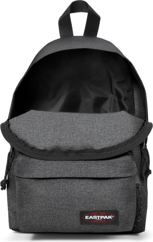 Donkergrijze Eastpak Orbit rugzak in denimlook, open met zicht op het hoofdvak.
