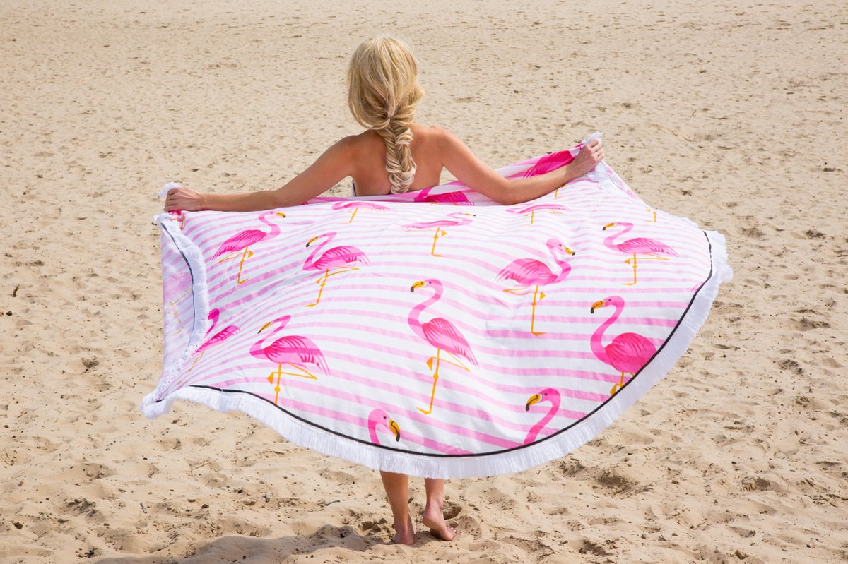 Rond strandlaken - Roundie XL Ø 175cm - Call it Fouta! Gypsy Flamingo pink fringe - roundie beach towel - roundie katoen