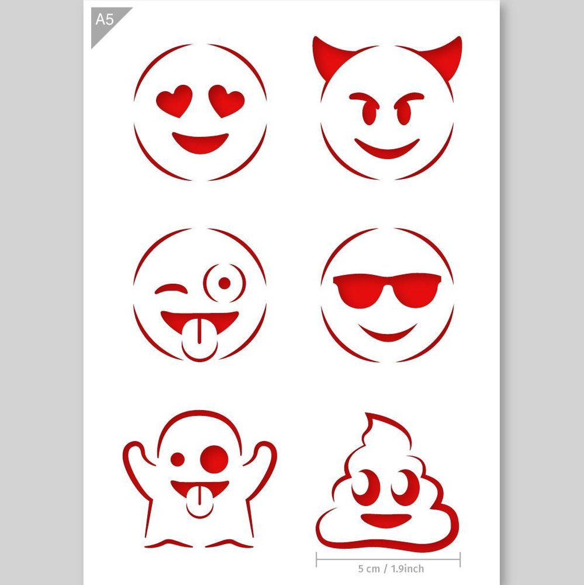 QBIX Emoji Sjabloon A5 Formaat Kunststof - Iedere emoticon is 5cm breed