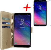 Hoesje voor Samsung Galaxy A6 (2018) Book Case met Pasjeshouder Goud + Screenprotector Tempered Gehard Glas - Wallet van iCall