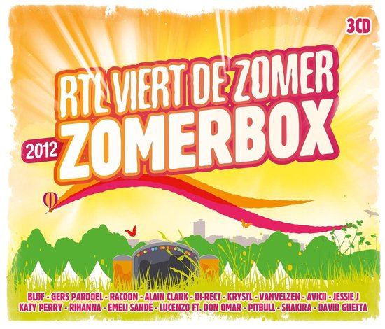 Zomerbox 2012 RTL viert de zomer met zonnestralen, een luchtballon en silhouetten van een festival.