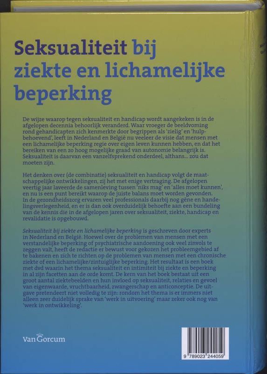 Boekomslag van 'Seksualiteit bij ziekte en lichamelijke beperking' met tekst en een barcode.
