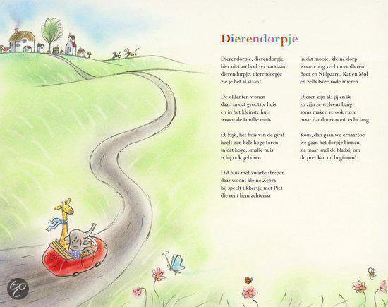 Illustratie uit 'Dierendorpje' van een giraf en olifant in een rode auto, met een weg.