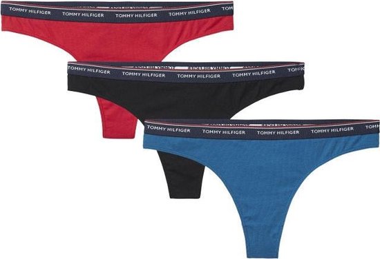 TOMMY HILFIGER ESSENTIALS 3 PACK THONG STING CRIMSON BLACK INK BLUE bol