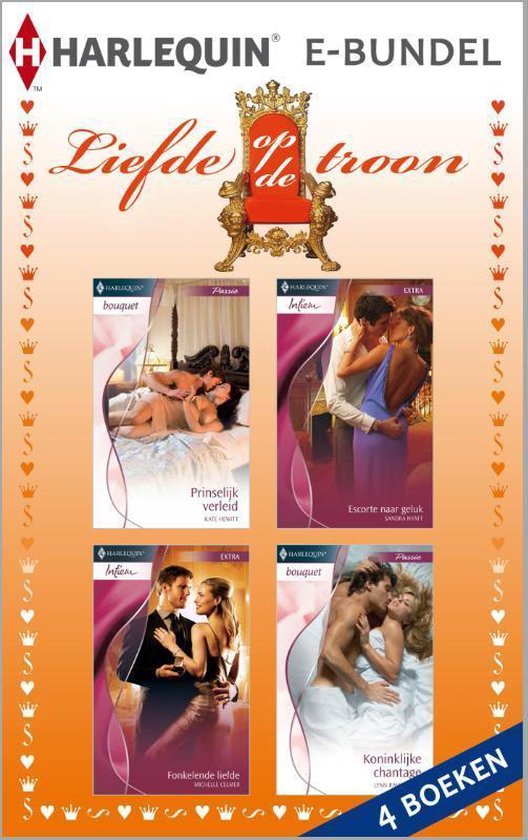 E-bundel 'Liefde op de troon' met 4 Harlequin-romans: 'Prinselijk verleid', 'Escorte naar geluk', 'Fonkelende liefde' en 'Koninklijke chantage'.