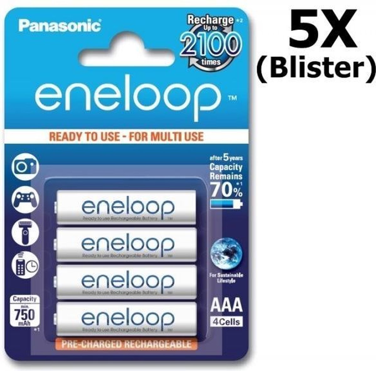 5 x Blisters AAA R3 Panasonic Eneloop Oplaadbare Batterijen