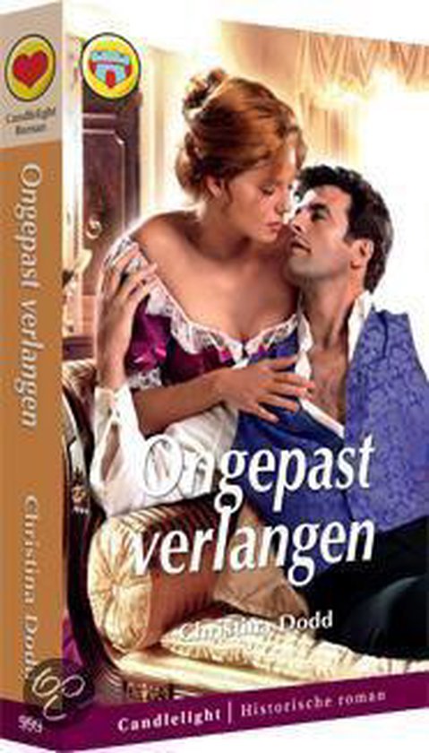 Een vrouw in een paarse jurk leunt tegen een man in een blauw jasje, met de tekst "Ongepast verlangen" op de omslag.