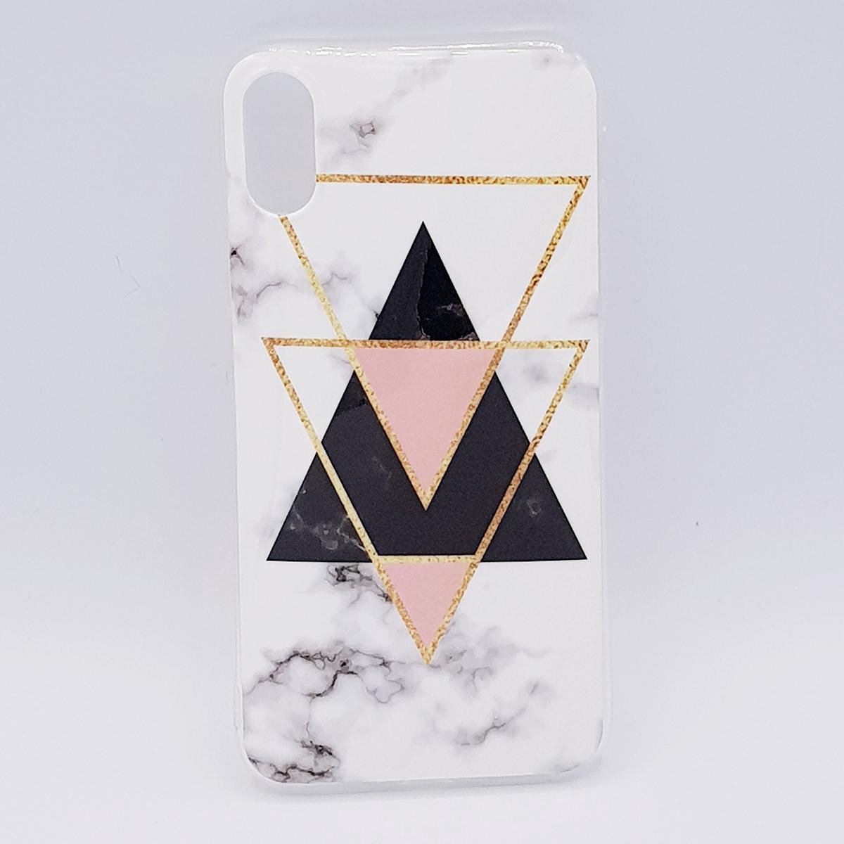 Geschikt voor IPhone XS Max – White marble triangels black & pink