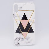 Geschikt voor IPhone X – White marble triangels black & pink