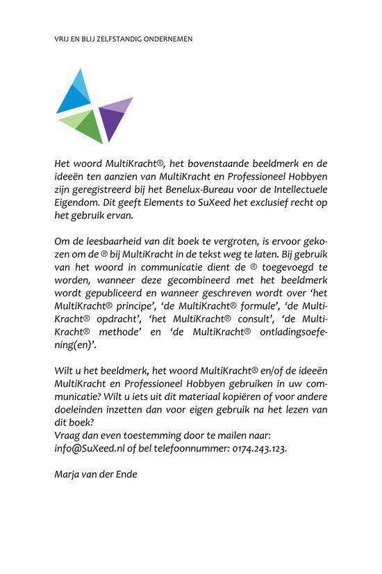 Tekst over het merk MultiKracht en hoe het te gebruiken, met contactgegevens.