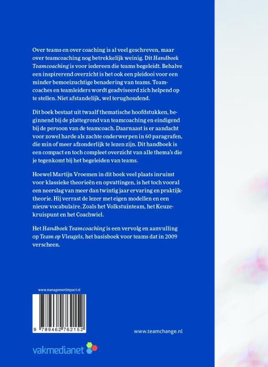 Achterkant van het boek "Handboek Teamcoaching". Met ISBN-barcode en website-adressen.