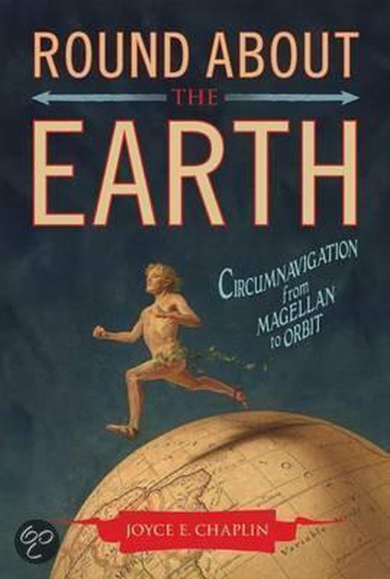 Boekomslag met de titel 'Round About the Earth' en een afbeelding van een rennende man op de aarde.