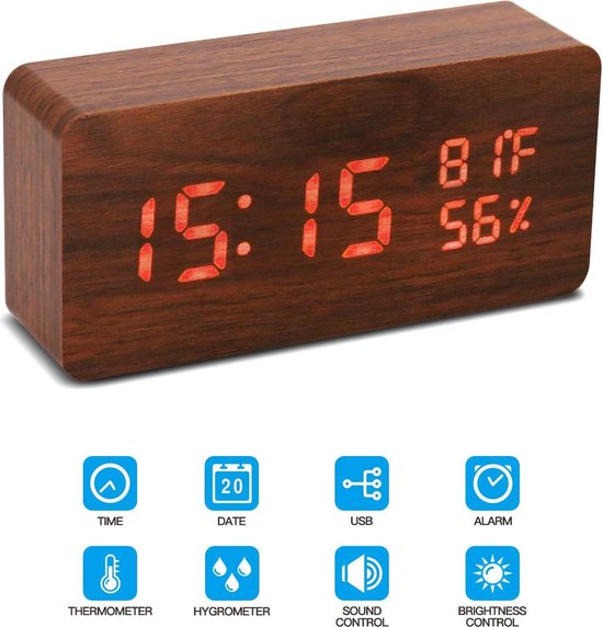 Digitale Klok - Met Alarm, datum, temperatuur functie - include adapter -  Bruin | bol.com