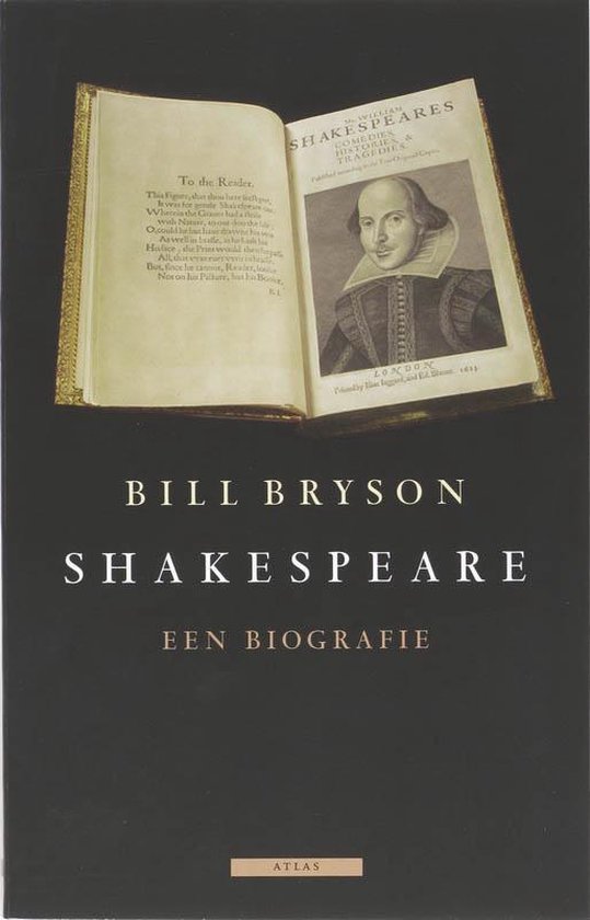 Livre ouvert avec un portrait de Shakespeare et le texte 'Bill Bryson Shakespeare Een Biografie'.
