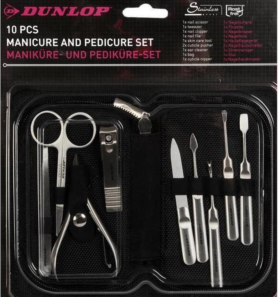 Dunlop RVS manicure- en pedicuresetset, 10 delig