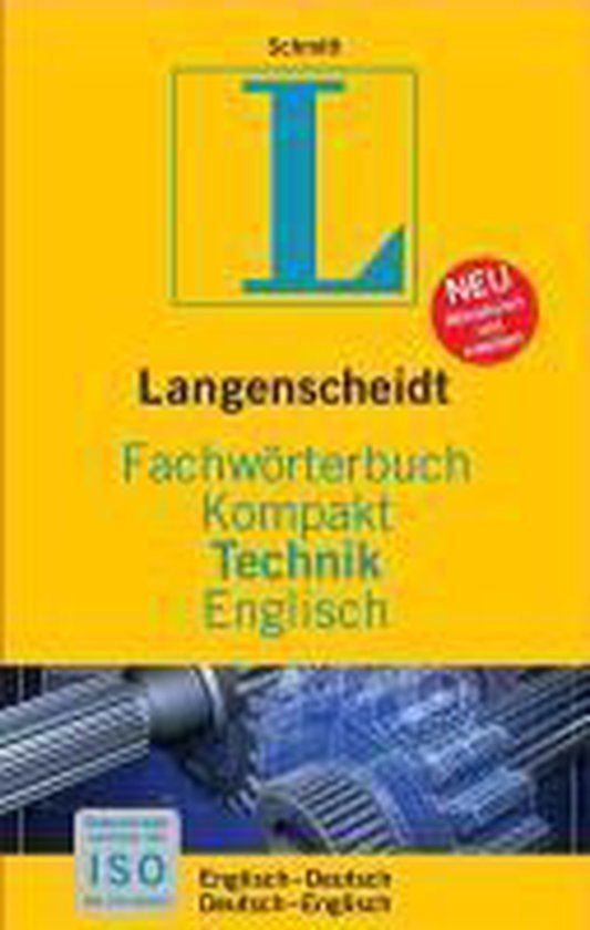 Geel Langenscheidt technisch woordenboek Engels-Duits met tandwielafbeelding en 'NEU' sticker.
