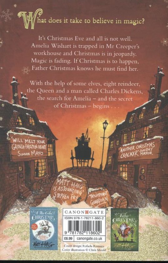 Achterkant van het boek 'The Girl Who Saved Christmas' met een kersttafereel van een besneeuwde stad.