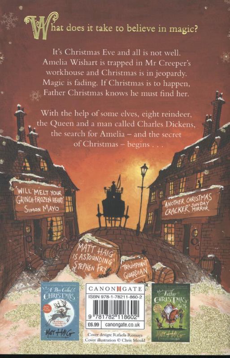 Achterkant van het boek 'The Girl Who Saved Christmas' met een kersttafereel van een besneeuwde stad.