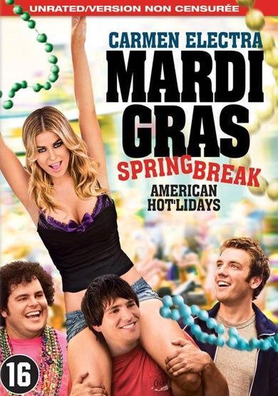 Carmen Electra, gedragen door een man, met vrienden om haar heen. Tekst: 'Mardi Gras Spring Break'.