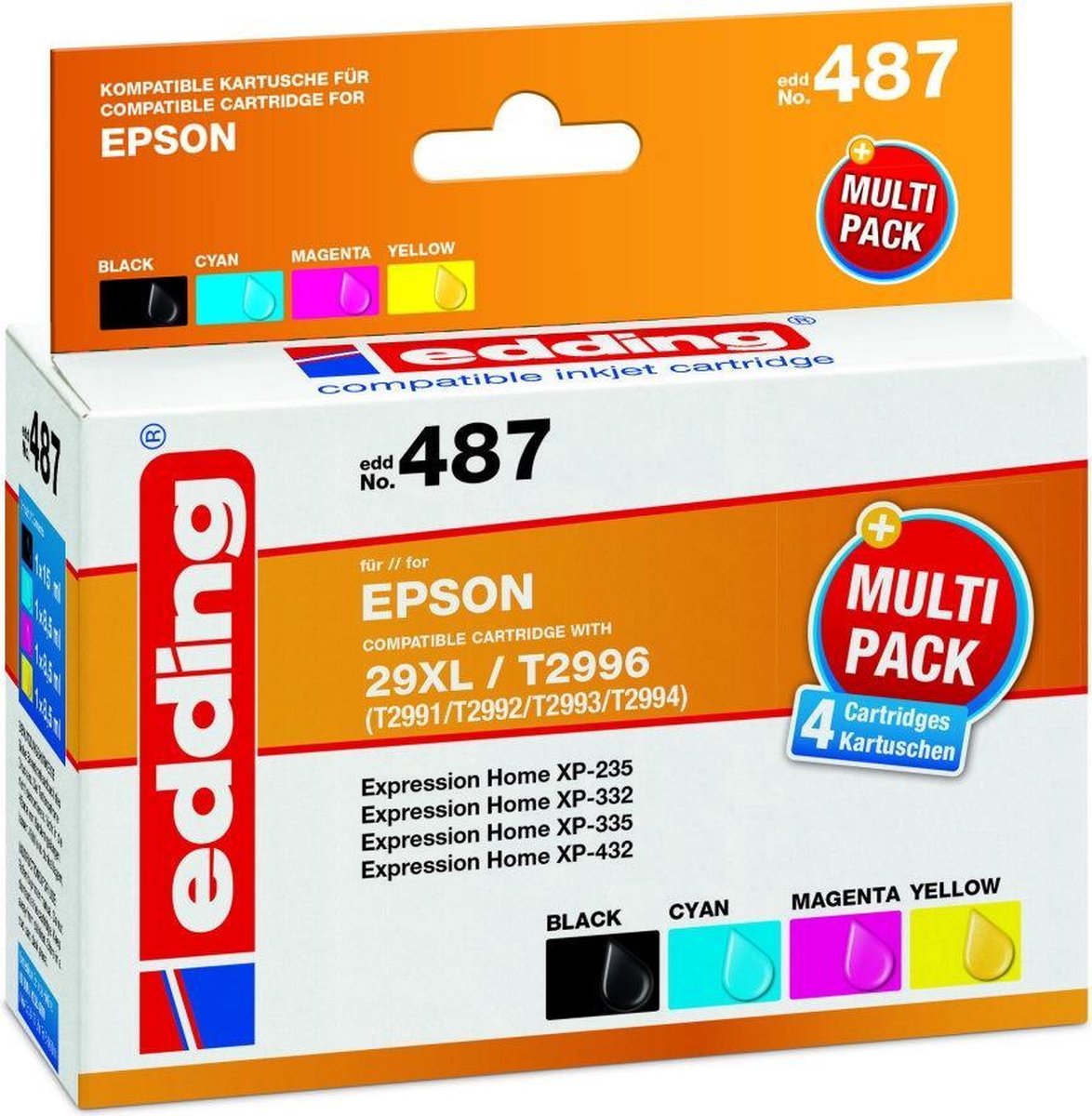 Edding Inkt vervangt Epson 29XL, T2996, T2991, T2992, T2993, T2994 Compatibel Combipack Zwart, Cyaan, Magenta, Geel edd