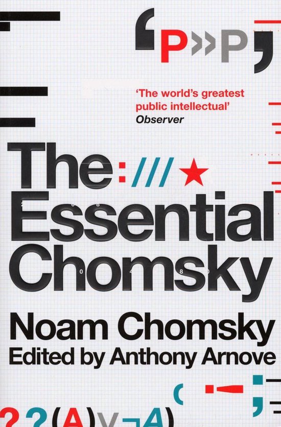 Boek kaft met de titel 'The Essential Chomsky' door Noam Chomsky, bewerkt door Anthony Arnove. Grijze en rode tekst op een witte achtergrond met een grafiekpapierpatroon.