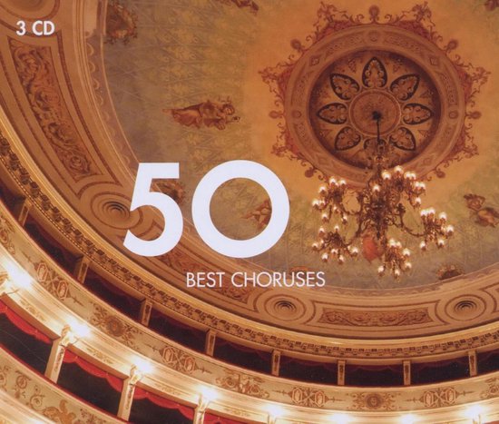 3 CD's, 50 Beste Koorstukken. Gouden kroonluchter en oranje plafond van een theater.