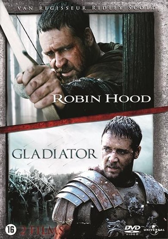 DVD-hoes met Robin Hood aan de ene kant en Gladiator aan de andere kant, beide met Russell Crowe.