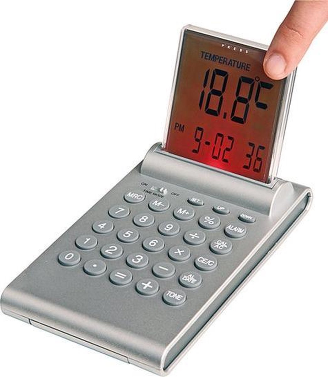 Klok met alarm, thermometer en calculator