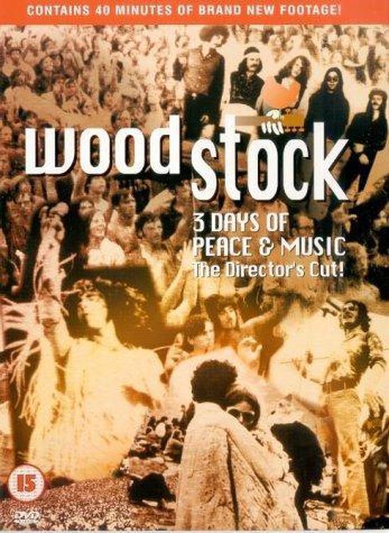 DVD-hoes Woodstock met menigte tijdens het festival en tekst: 3 dagen vrede en muziek, de Director's Cut.